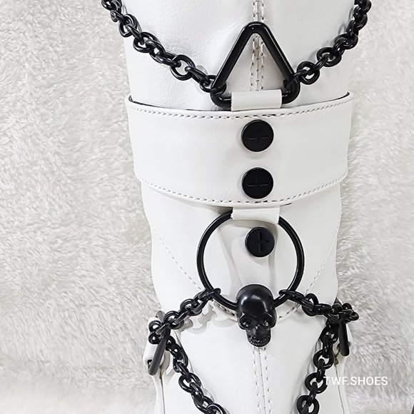 Bratty White Vegan Leather Block Heel Biker Style Goth  Punk Boots - Picture 7 of 10
